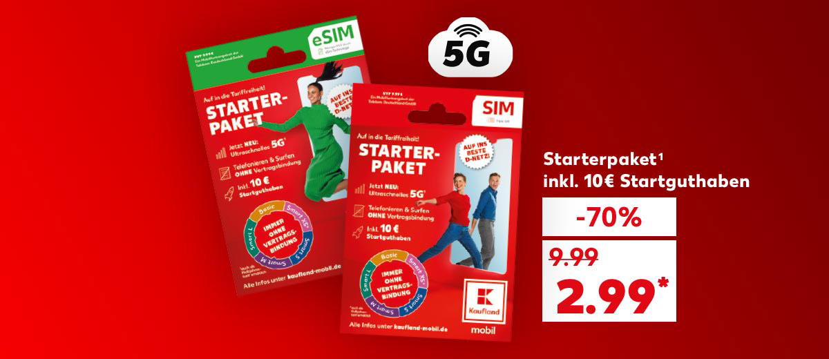 Starterpaket¹ inkl. 10 € Startguthaben für 2.99 Euro*; Abbildung: Kaufland mobil Starterpaket und Kaufland mobil Starterpaket 5G; Logo: 5G