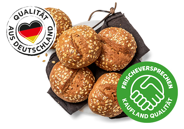 Dinkelvollkornbrötchen; Logo: Qualität aus Deutschland; Logo: Frischeversprechen Kaufland Qualität