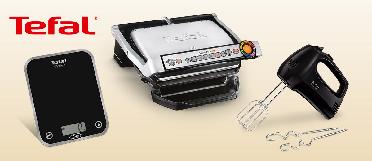 Produktabbildungen: Tefal Küchenwaage »Optiss Noir«, Tefal Kontaktgrill »Optigrill«, Tefal Handrührer »Quick Mix Noir«