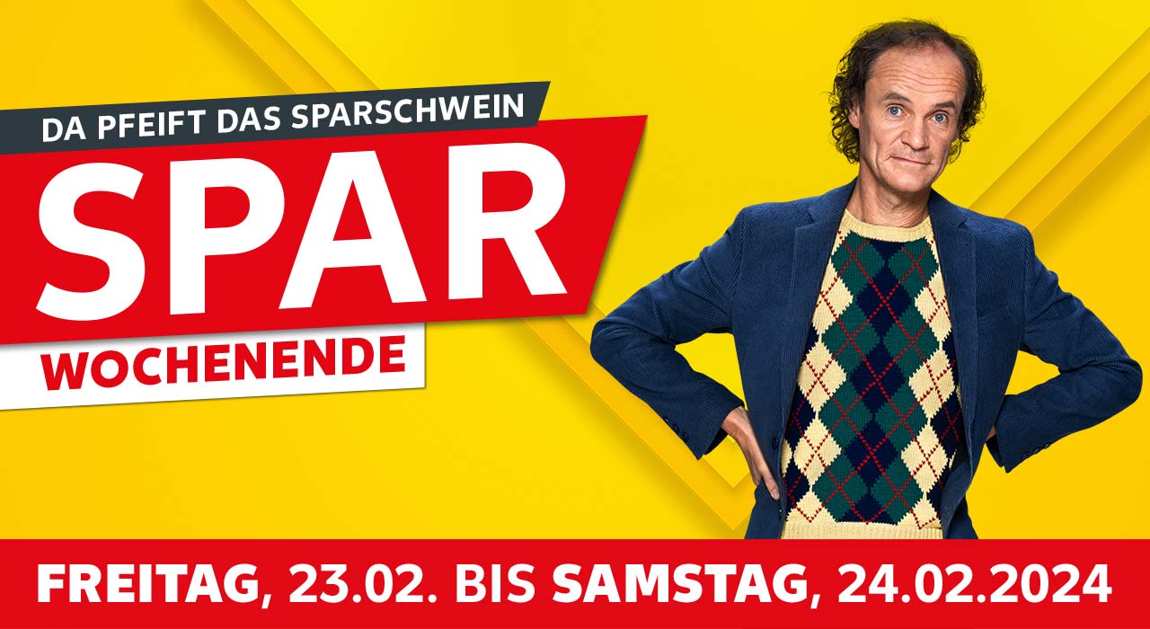 Schriftzug: Da pfeift das Sparschwein, Sparwochenende, Freitag, 23.02. bis Samstag, 24.02.2024; Abbildung: Olaf Schubert