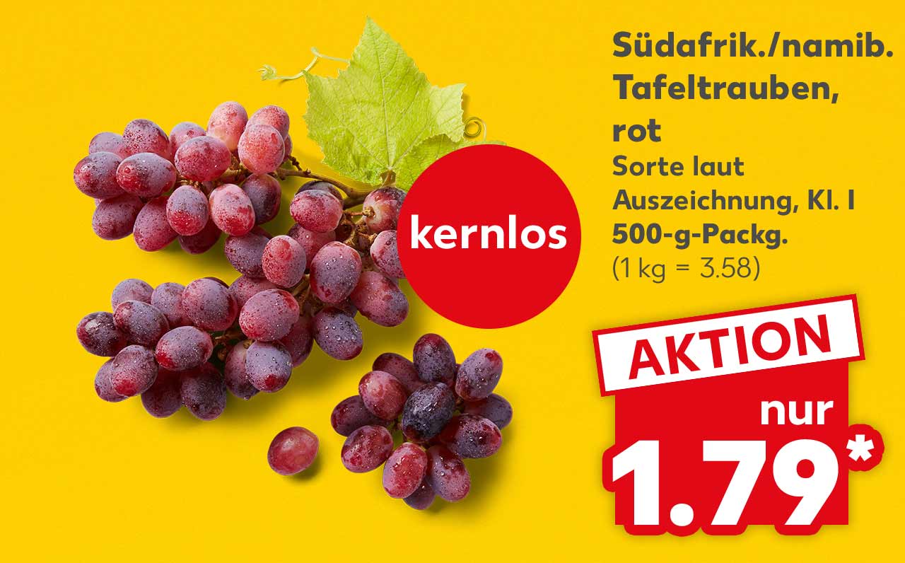 Südafrik./namib. Tafeltrauben, rot, Sorte laut Auszeichnung, Kl. I, 500-g-Packg. für 1.79 Euro* (1 kg = 3.58); Störer: kernlos