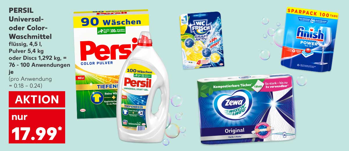Persil Universal- oder Color-Waschmittel, flüssig, 4,5 l, Pulver 5,4 kg oder Discs 1,292 kg, = 76 - 100 Anwendungen, je für 17.99 Euro* (pro Anwendung = 0.18 - 0.24); Weitere Produktabbildungen: WC-Frisch Kraft Aktiv, Zewa Wisch & Weg, Finish Spülmaschinen-Tabs