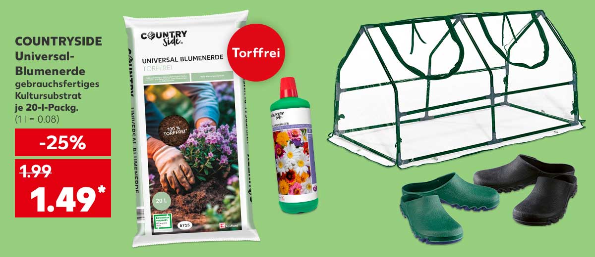 Countryside® Universal-Blumenerde, gebrauchsfertiges Kultursubstrat, je 20-l-Packg. für 1.49 Euro*(1 l = 0.08); Störer: Torffrei; Weitere Produktabbildungen: Countryside® Blumendünger, Parkside® Frühbeet, Parkside® Gartenclogs