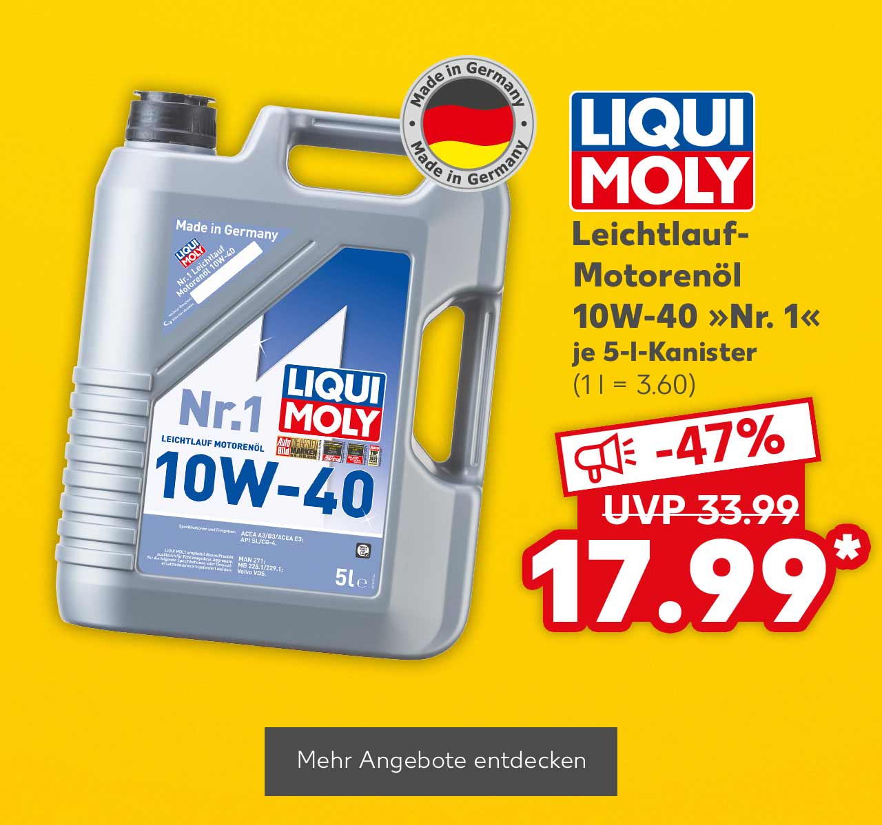 Liqui Moly Leichtlauf-Motorenöl, 10W-40 »Nr. 1«, je 5-l-Kanister für 17.99 Euro* (1 l = 3.60), (UVP = 33.99 Euro); Logo: Made in Germany; Button: Mehr Angebote entdecken