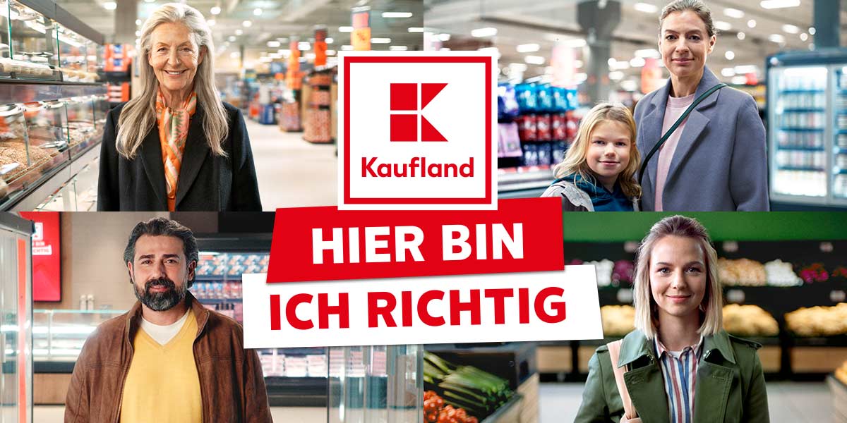 Schriftzug und Logo: Kaufland, Hier bin ich richtig; Abbildung: Vier rechteckige Bilder von Personen in einer Kaufland-Filiale