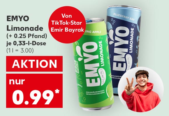 Emyo Limonade, versch. Sorten, (+ 0.25 Pfand), je 0,33-l-Dose für 0.99 Euro* (1 l = 3.00); Störer: Von TikTok-Star Emir Bayrak; Abbildung: Emir Bayrak 