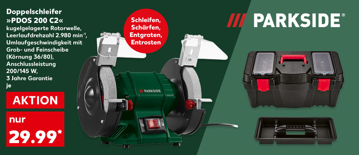 Logo: Parkside®; Parkside® Doppelschleifer »PDOS 200 C2«, wartungsfreier Induktionsmotor, Leerlauf 2.980 min⁻¹, Umlauf 23 m/s, mit Grob- und Feinscheibe (Körnung 36/80), Anschluss 200/145 W, 3 Jahre Garantie, je für 29.99 Euro*; Logo: Tüv/Gs; Störer: Schleifen, Schärfen, Entgraten, Entrosten; Weitere Produktabbildungen: Parkside® Werkzeugkoffer