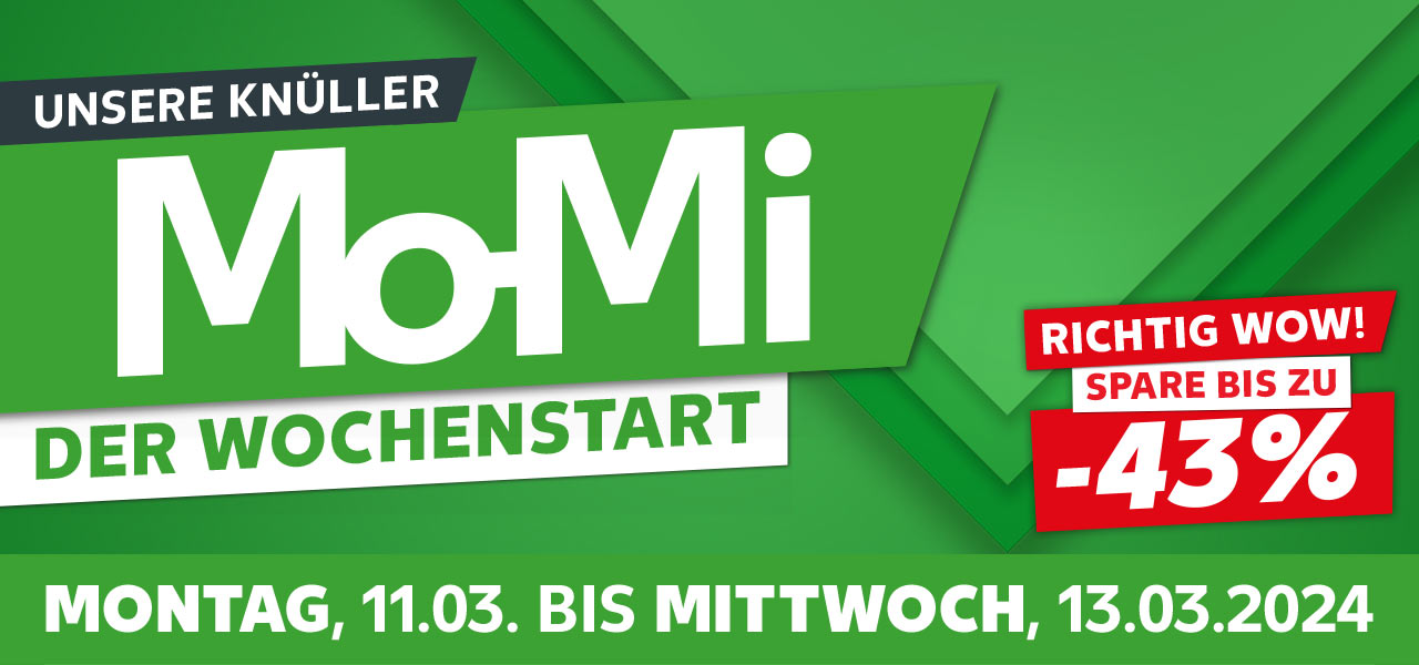 Schriftzug: Unsere Knüller, Mo-Mi Der Wochenstart; Von Montag, 11.03. bis Mittwoch, 13.03.2024; Störer: Richtig Wow! Spare bis zu -43%