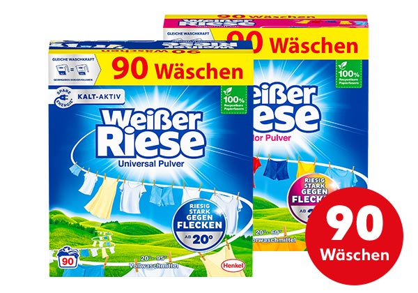 Weisser Riese Voll- oder Colorwaschmittel, versch. Sorten; Störer: 90 Wäschen