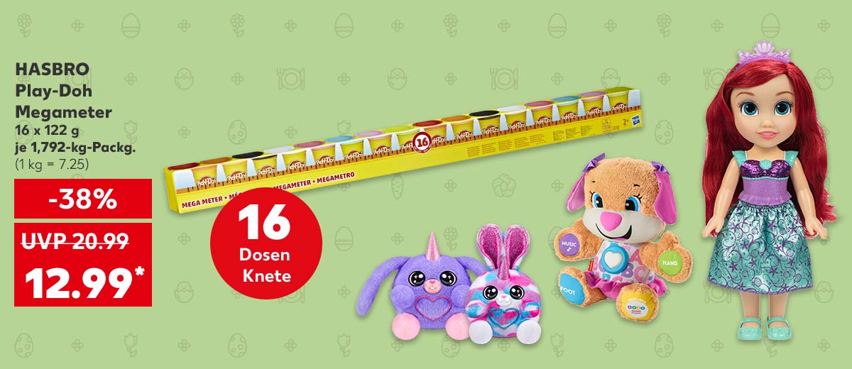 Hasbro Play-Doh Megameter, 16 x 122 g, je 1,792-kg-Packg. für 12.99 Euro* (1 kg = 7.25), Störer: 16 Dosen Knete; Weitere Produktabbildungen: Zuru Rainbocorns »Bunnycorn Surprise«; Fisher-Price Lernspaß-Hündchen oder Hundefreundin; Jakks Disney-Puppe