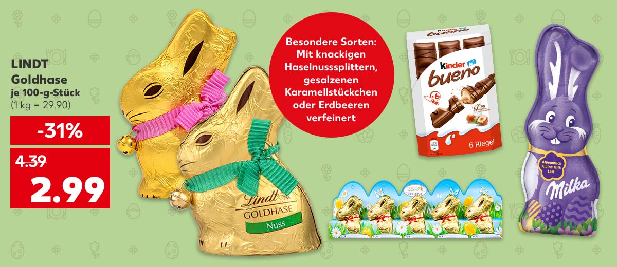 Lindt Goldhase, je 100-g-Stück für 2.99 Euro (1 kg = 29.90); Störer: Besondere Sorten: Mit knackigen Haselnusssplittern, gesalzenen Karamellstückchen oder Erdbeeren verfeinert; Weitere Produktabbildungen: Kinder Bueno, Milka Schmunzelhase, Lindt Oster-Minis