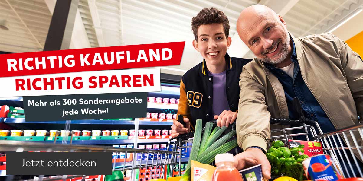 Schriftzug: Richtig Kaufland, richtig sparen, Mehr als 300 Sonderangebote jede Woche!; Abbildung: Ein Mann legt Produkte in einen Einkaufswagen; Button: Jetzt entdecken