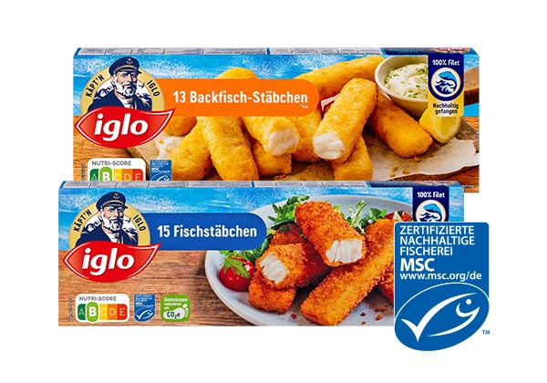 Iglo Fischstäbchen, versch. Sorten; Logo: Msc-zertifizierte nachhaltige Fischerei