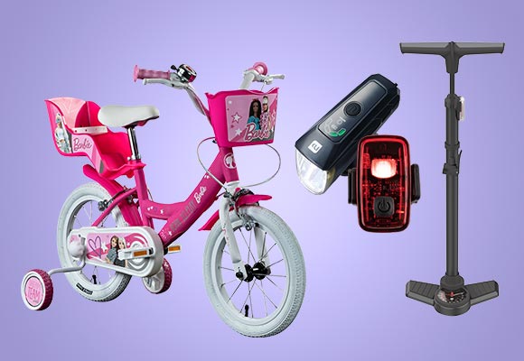 Produktabbildungen: Kinderfahrrad 14 Zoll »Barbie« oder »Hot Wheels«, Newcential® Led-Fahrradleuchten-Set, Newcential® Standluftpumpe