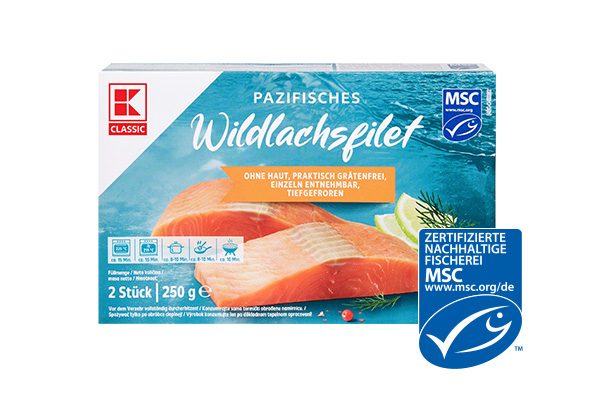 K-Classic Pazifisches Wildlachsfilet; Logo: Msc-zertifizierte nachhaltige Fischerei