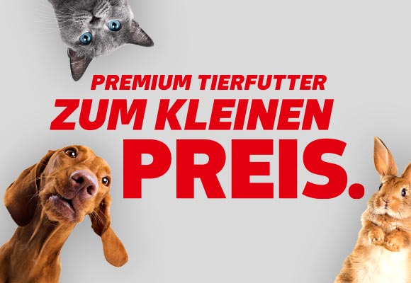 Schriftzug: Premium Tierfutter zum kleinen Preis; Abbildung: Eine Katze, ein Hund und ein Hase