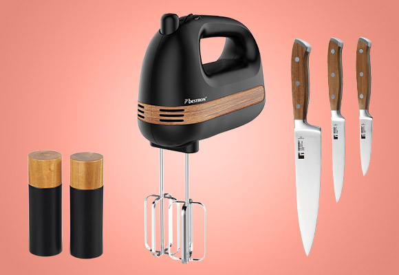 Produktabbildungen: Bergner Salz- und Pfefferstreuer »Odin«, Bestron Handmixer »AHM500WD«, Bergner Messerset »Odin«