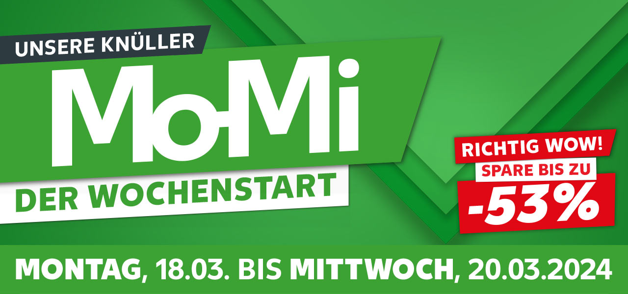 Schriftzug: Unsere Knüller, Mo-Mi Der Wochenstart; Von Montag, 18.03. bis Mittwoch, 20.03.2024; Störer: Richtig Wow! Spare bis zu -53%