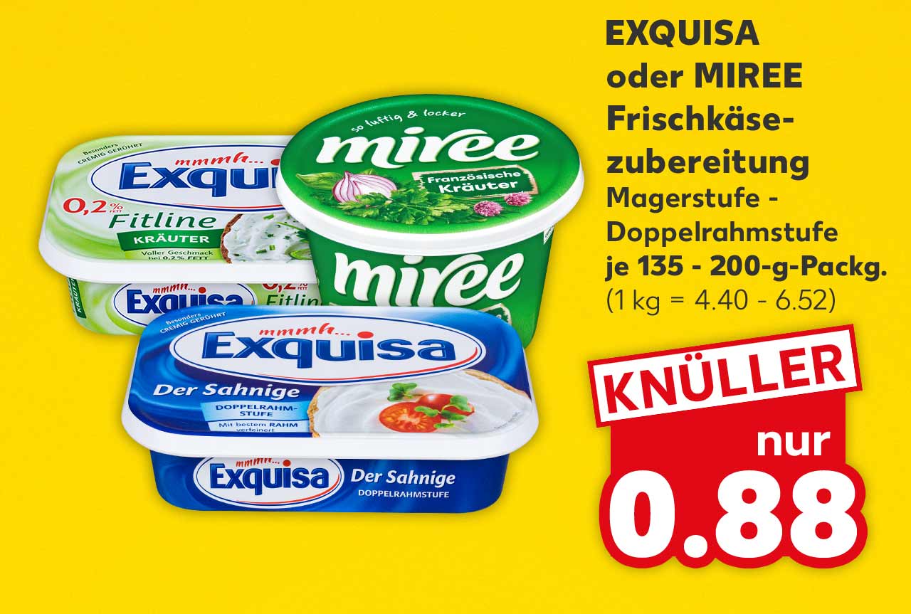 Exquise oder Miree Frischkäsezubereitung, versch. Sorten, Magerstufe - Doppelrahmstufe, je 135 - 200-g-Packg. für 0.88 Euro (1 kg = 4.40 - 6.52)