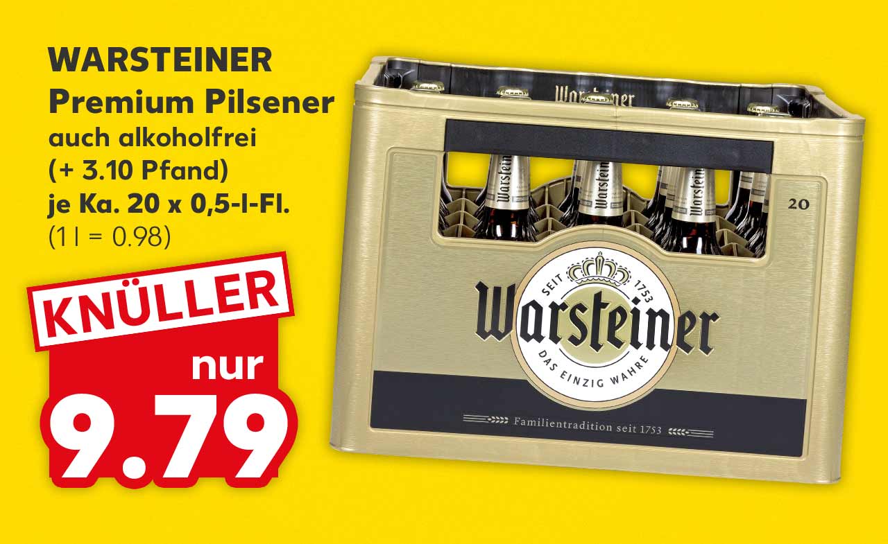 Warsteiner Premium Pilsener, auch alkoholfrei, (+ 3.10 Pfand), je Ka. 20 x 0,5-l-Fl. für 9.79 Euro (1 l = 0.98)