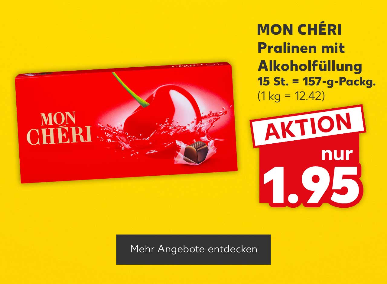 Mon Chéri Pralinen mit Alkoholfüllung, 15 St. = 157-g-Packg. für 1.95 Euro (1 kg = 12.42); Button: Mehr Angebote entdecken