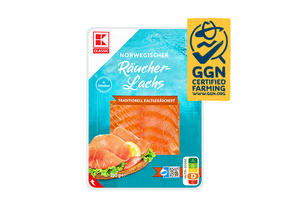 K-Classic Räucherlachs in Scheiben; Logo: Ggn Certified Farming