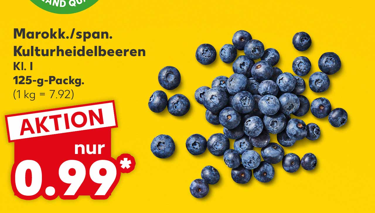 Marokk./span. Kulturheidelbeeren, Kl. I, 125-g-Packg. für 0.99 Euro* (1 kg = 7.92); Logo: Frischeversprechen Kaufland Qualität