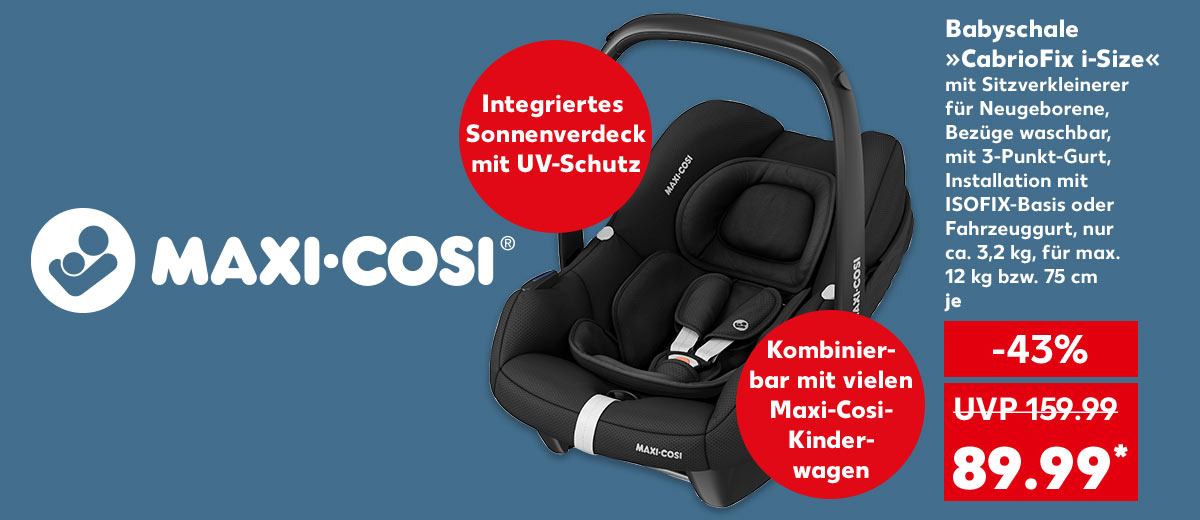 Logo: Maxi-Cosi®; Maxi-Cosi® Babyschale »CabrioFix i-Size«, mit Sitzverkleinerer für Neugeborene, Bezüge waschbar, mit 3-Punkt-Gurt, Installation mit Isofix-Basis oder Fahrzeuggurt, nur ca. 3,2 kg, für max. 12 kg bzw. 75 cm, je für 89.99 Euro* (UVP = 159.99 Euro); Störer: Integriertes Sonnenverdeck mit UV-Schutz; Störer: Kombinierbar mit vielen Maxi-Cosi-Kinderwagen