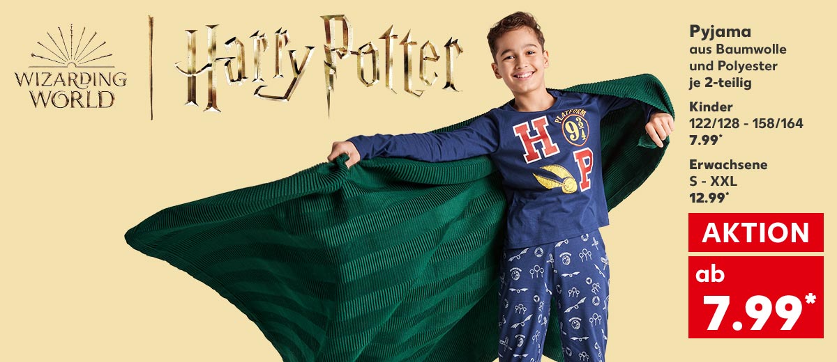 Logo: Wizarding World Harry Potter; Wizarding World Harry Potter Pyjama, aus Baumwolle und Polyester, je 2-teilig ab 7.99 Euro*; Kinder, 122/128 - 158/164 für 7.99 Euro*; Erwachsene, S - XXL für 12.99 Euro