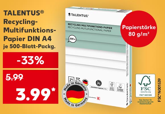 Talentus® Recycling-Multifunktions-Papier Din A4, je 500-Blatt-Packg. für 3.99 Euro*; Störer: Papierstärke 80 g/m²; Logo: Qualität aus Deutschland; Logo: fsc®