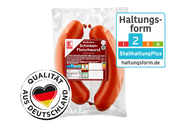 K-Classic Schinken-Fleischwurst; Logo: Haltungsform 2; Logo: Qualität aus Deutschland