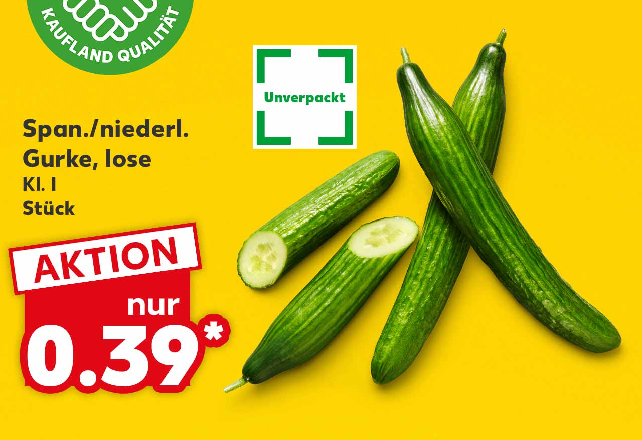 Span./niederl. Gurke, lose, Kl. I, Stück für 0.39 Euro*; Logo: Frischeversprechen Kaufland Qualität; Logo: Unverpackt