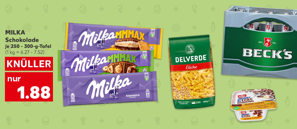Milka Schokolade, versch. Sorten, je 250 - 300-g-Tafel für 1.88 Euro (1 kg = 6.27 - 7.52); Weitere Produktabbildungen: Müller Joghurt mit der Ecke, Delverde Ital. Teigwaren, Beck's Pils oder Gold