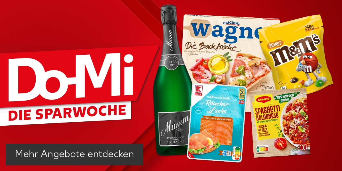 Schriftzug: Do-Mi, Die Sparwoche; Produktabbildungen: Mumm Jahrgangssekt, Original Wagner Die Backfrische oder Big City Pizza, K-Classic Räucherlachs in Scheiben, Maggi Fix oder Würzpaste, M&M's Schokolinsen; Button: Mehr Angebote entdecken