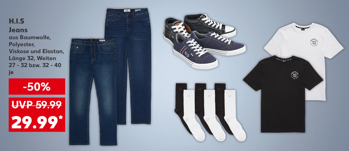 H.I.S Jeans aus Baumwolle, Polyester, Viskose und Elastan, Länge 32, Weiten 27 - 32 bzw. 32 - 40, je für 29.99 Euro* (UVP = 59.99); Weitere Produktabbildungen: H.I.S Freizeitschuhe, H.I.S Tennissocken, H.I.S T-Shirts