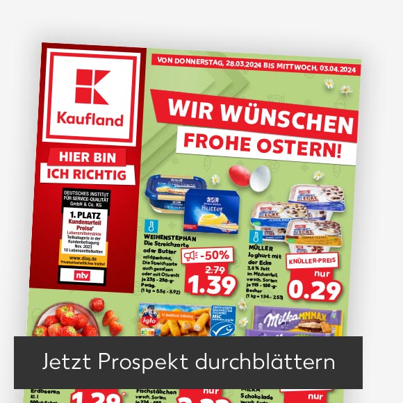 Abbildung: Titelbild Kaufland-Prospekt; Button: Jetzt Prospekt durchblättern