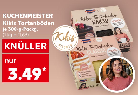 Kuchenmeister Kikis Tortenböden, versch. Sorten, je 300-g-Packg. für 3.49 Euro* (1 kg = 11.63); Logo: Kikis Kitchen; Abbildung: Kiki von Kikis Kitchen