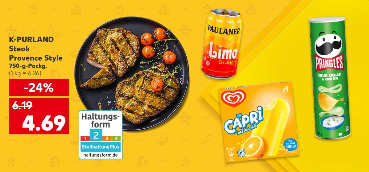 K-Purland Steak Provence Style, 750-g-Packg. für 4.69 Euro (1 kg = 6.26); Logo: Haltungsform 2; Weitere Produktabbildungen: Langnese Eis-Multipackungen, Pringles Chips, Paulaner Limo oder Spezi
