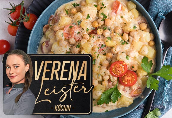 Rezept: One-Pot-Kartoffelsotto; Abbildung und Schriftzug: Verena Leister - Köchin -