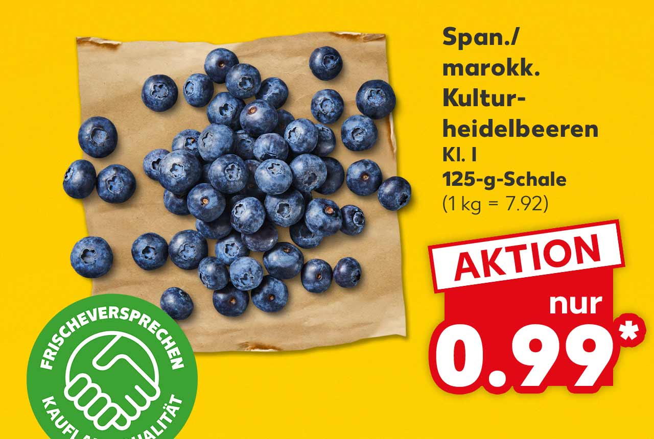 Span./marokk. Kulturheidelbeeren, Kl. I, 125-g-Schale für 0.99 Euro* (1 kg = 7.92); Logo: Frischeversprechen Kaufland Qualität