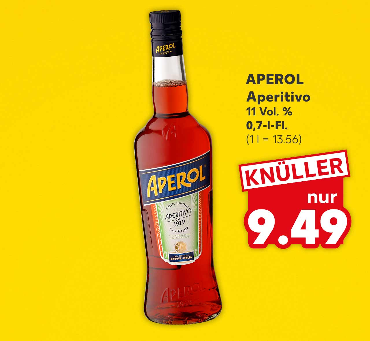 Aperol Aperitivo, 11 Vol. %, 0,7-l-Fl. für 9.49 Euro (1 l = 13.56)