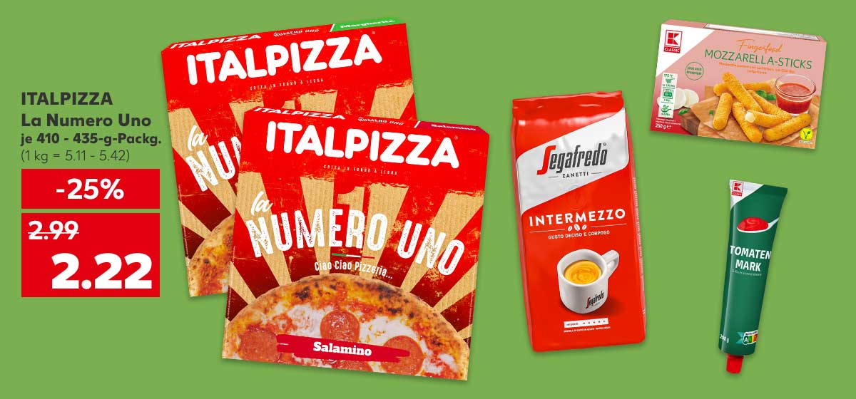 Italpizza La Numero Uno, versch. Sorten, je 410 - 435-g-Packg. für 2.22 Euro (1 kg = 5.11 - 5.42); Weitere Produktabbildungen: Segafredo Intermezzo, K-Classic Backofen-Snacks, K-Classic Tomatenmark