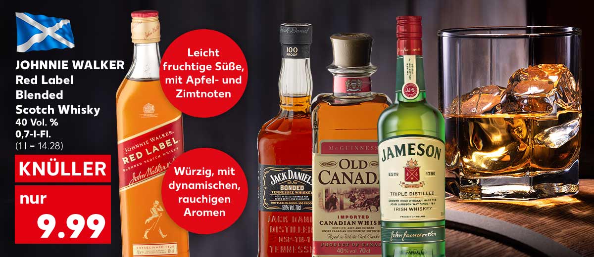 Johnnie Walker Red Label Blended Scotch Whisky, 40 Vol. %, 0,7-l-Fl. für 9.99 Euro (1 l = 14.28); Flagge: Schottland; Störer: Würzig, mit dynamischen, rauchigen Aromen; Störer: Leicht fruchtige Süße, mit Apfel- und Zimtnoten; Weitere Produktabbildungen: McGuinness Old Canada Whisky, Jack Daniel's Bonded Tennessee Whiskey, Jameson Whiskey; Abbildung: Glas mit Eis und Whiskey
