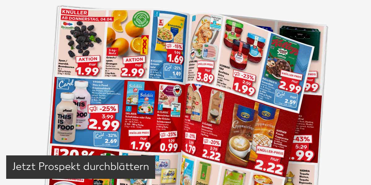 Abbildung: Prospekt wird durchgeblättert; Button: Jetzt Prospekt durchblättern