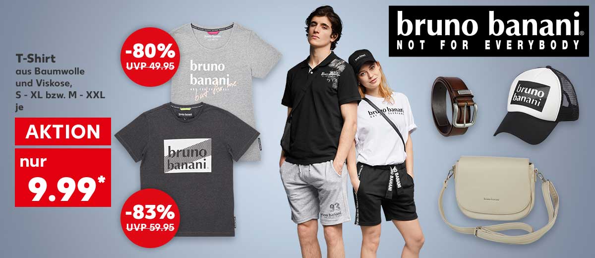 Logo: Bruno Banani, not for everybody; Bruno Banani T-Shirt, aus Baumwolle und Viskose, S - XL bzw. M - XXL, je für 9.99 Euro*; Störer am Damen T-Shirt: -80% (UVP = 49.95 Euro); Störer am Herren T-Shirt: -83% (UVP = 59.95 Euro); Weitere Produktabbildungen: Bruno Banani Herren-Gürtel, Bruno Banani Cap, Bruno Banani Umhängetasche; Abbildung: Eine Frau und ein Mann in Bruno Banani Bekleidung