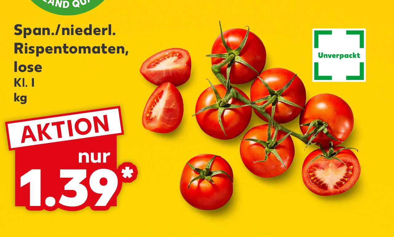 Span./niederl. Rispentomaten, lose, Kl. I, kg für 1.39 Euro*; Logo: Unverpackt
