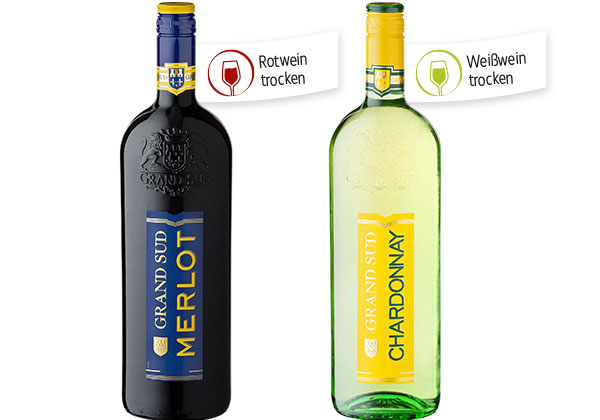 Grand Sud Merlot, Merlot Rosé, Chardonnay oder Grenache; Störer: Fähnchen an den Flaschen: Rotwein trocken, Weißwein trocken