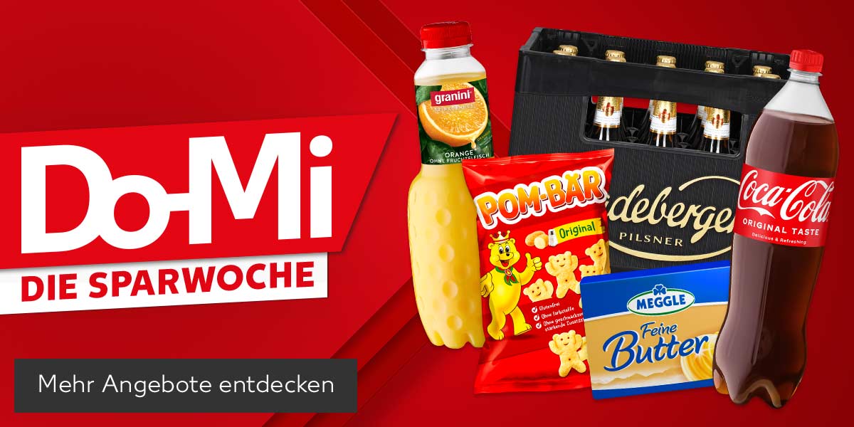 Schriftzug: Do-Mi, Die Sparwoche; Produktabbildungen: Coca-Cola, Fanta, Sprite oder Mezzo Mix, Radeberger Pilsner oder Alkoholfrei, Granini Trinkgenuss oder Selection, Pom-Bär Kartoffelsnacks; Button: Mehr Angebote entdecken