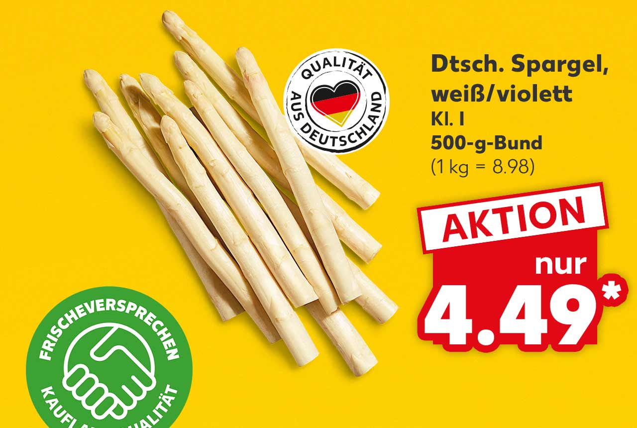 Dtsch. Spargel, weiß/violett, Kl. I, 500-g-Bund für 4.49 Euro* (1 kg = 8.98); Logo: Qualität aus Deutschland; Logo: Frischeversprechen Kaufland Qualität