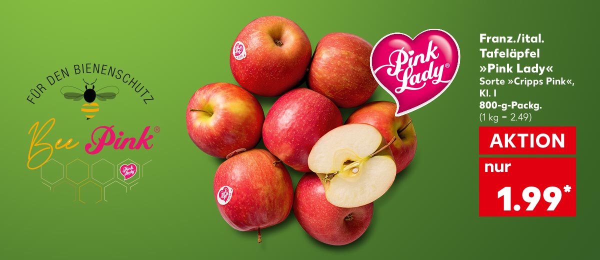 Logo: Für den Bienenschutz, Bee Pink, Pink Lady; Franz./ital. Tafeläpfel »Pink Lady«, Sorte »Cripps Pink« Kl. I, 800-g-Packg. für 1.99 Euro* (1 kg = 2.49); Logo: Pink Lady